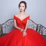 红色一字肩婚纱礼服2016春夏新款韩式抹胸显瘦订珠齐地新娘出门纱
