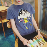 夏天日系复古潮男修身蜡笔小新印花短袖T恤韩版做旧水洗半袖tee衫