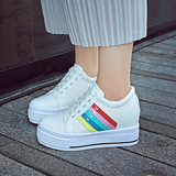 内增高厚底彩虹小白鞋女10cm韩版系带运动板鞋学生白色松糕原单鞋