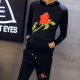 春季男士休闲服套装韩版修身玫瑰印花运动服套装青少年连帽卫衣潮