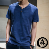 2016男士短袖T恤 v领纯色体恤亚麻棉麻夏季日系宽松韩版半袖上衣