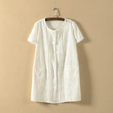 i232新款夏季圆领短袖白色刺绣褶皱中长款女士修身纯棉衬衣开衫