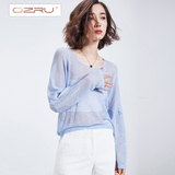 OZRU2016夏季新款韩版前短后长套头宽松蝙蝠衫镂空薄款针织衫女装