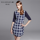 【新品】ELLASSAY歌力思2016春装新品 真丝格纹五分袖圆领连衣裙