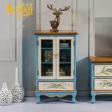 地中海装饰柜餐边柜 蓝色实木双门玄关高边柜 欧式纯手绘储物柜