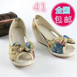 包邮2015夏季新款老北京布鞋女性鞋子女士高跟鱼嘴凉鞋坡跟单鞋子
