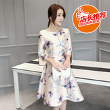 哥弟阿玛施2016夏装新款韩版时尚女装七分袖修身中长款印花连衣裙