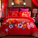 紫绮中式婚庆中国风法莱绒四件套大红色床单被套保暖珊瑚绒1.8