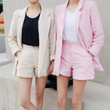 夏季新款韩国简约薄款亚麻西装外套上衣女休闲阔腿短裤两件套装潮
