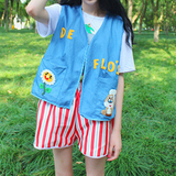 夏季女装韩版学生童趣休闲套装卡通短袖t恤+马甲外套+条纹短裤潮