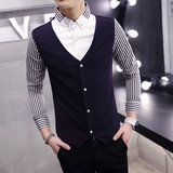 男士假两件长袖衬衫 韩版修身学生潮流马甲男 青少年拼接格子衬衣