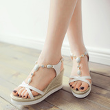 夏季新款韩版水钻宝石优雅甜美学生少女波西米亚坡跟高跟露趾凉鞋