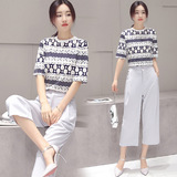 2016夏季韩版女士套装短袖T恤 上衣七分阔腿裤条纹显瘦休闲两件套