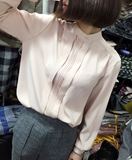 韩国正品2016春款胸前压褶个性衬衫立领衬衫显瘦短款衬衫上衣女
