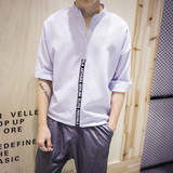 男士短袖衬衫夏季大码宽松立领韩版青少年潮流蝙蝠七分袖衬衫T恤