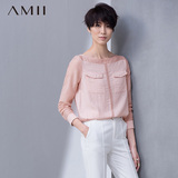 Amii[极简主义]2016春季简约文艺拼接一字领棉丝质修身长袖T恤女