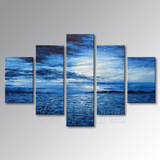 绘集手绘蓝色大海油画抽象风景装饰画现代家居装饰五联组合无框画