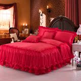 婚庆大红结婚纯棉全棉贡缎蕾丝床裙式床罩单四件套1.5 1.8米床