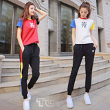 夏季韩版女装学院风全棉拼色短袖T恤+休闲长裤运动休闲套装两件套