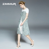 ZIMMUR2016夏季新款女装欧美时尚圆领中长款针织条纹印花连衣裙