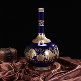 景德镇陶瓷仿古工艺收藏摆件霁蓝描金双狮花瓶居家客厅装饰品摆件