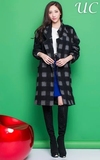 2015欧美秋冬装中长款时尚女装修身收腰系带毛呢格子大衣外套女潮