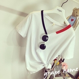 2016夏装新款女装韩版个性拼色V领宽松短袖T恤原宿bf风潮夏季白色