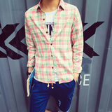 春季韩版男士格子长袖衬衫青年学生男装粉色小清新修身休闲衬衣男