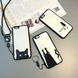 潮牌黑白猫咪原创苹果Iphone6s/Plus/5s手机壳挂绳全包软壳保护套
