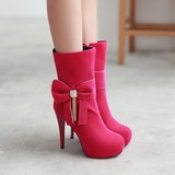 秋冬婚鞋女式靴子磨砂细跟超高跟中靴 冬季时尚潮流红色淑女鞋子