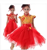 新款儿童古筝演出服装女主持人礼服二胡表演服装女童红色古装