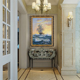 欧式客厅玄关走廊竖版装饰画海浪帆船风景油画纯手绘中式挂画壁画