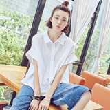 狄琳艾短袖白衬衫女夏2016新款韩版方领宽松大码上衣全棉百搭衬衣