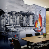 欧式复古城市建筑海上帆船壁纸 餐厅咖啡厅休闲吧墙纸大型壁画