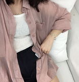 韩国新款简约宽松大码藕粉色防晒衣纯色长袖衬衫复古上衣女