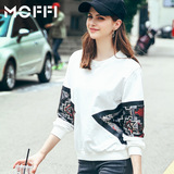 MOFFI2016秋季新款白色圆领撞色亮片拼接女士长袖纯棉卫衣包邮