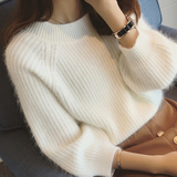 韩版2015秋冬新款时尚圆领宽松套头七分袖修身短款兔毛毛衣女 潮