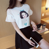 2016夏装新款韩版 泡泡袖女孩印花雪纺衫打底衫上衣女