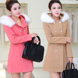 2015秋冬装韩版女装修身新款呢大衣两排扣大毛领中长款毛呢外套女
