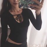 EGOKILLZ2016秋季新款低胸胸前系带性感包身短款螺纹紧身长袖上衣