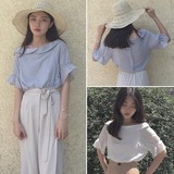 女装夏装2016新款韩版一字领露肩喇叭袖娃娃衫小清新套头t恤女潮
