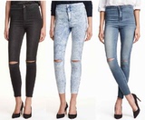 HM H&M专柜代购15新款女式破洞高腰超窄腿水洗弹力九分牛仔裤 3色