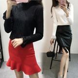 韩版2015秋冬装新款女装加厚高领长袖打底衫加绒蕾丝衫修身毛衣女
