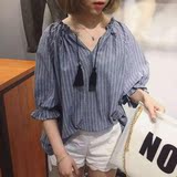 韩版2016夏季女装新款系带宽松灯笼五分袖慵懒风条纹衬衫防晒衣衫