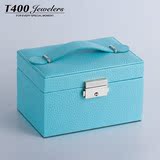 色首饰盒女朋友T400新款特别定制木质双层带锁手饰品收纳盒粉色蓝