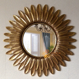 新款欧式复古圆形羽毛太阳壁挂酒吧玄关餐厅壁炉装饰镜化妆浴室镜