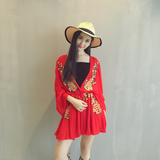 夏季新款韩版女重工艺刺绣深V领长袖连衣裙系带收腰显瘦短裙+P62