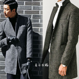 韩国代购男装韩版修身时尚男士中长款千鸟格妮子大衣羊毛大衣外套