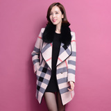 2015冬装新款韩版格子显瘦风衣外套 中长款高端毛领貂绒大衣女装
