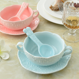 可爱儿童碗早餐粥碗餐具陶瓷双耳碗套装果色带勺三件套汤碗甜品碗